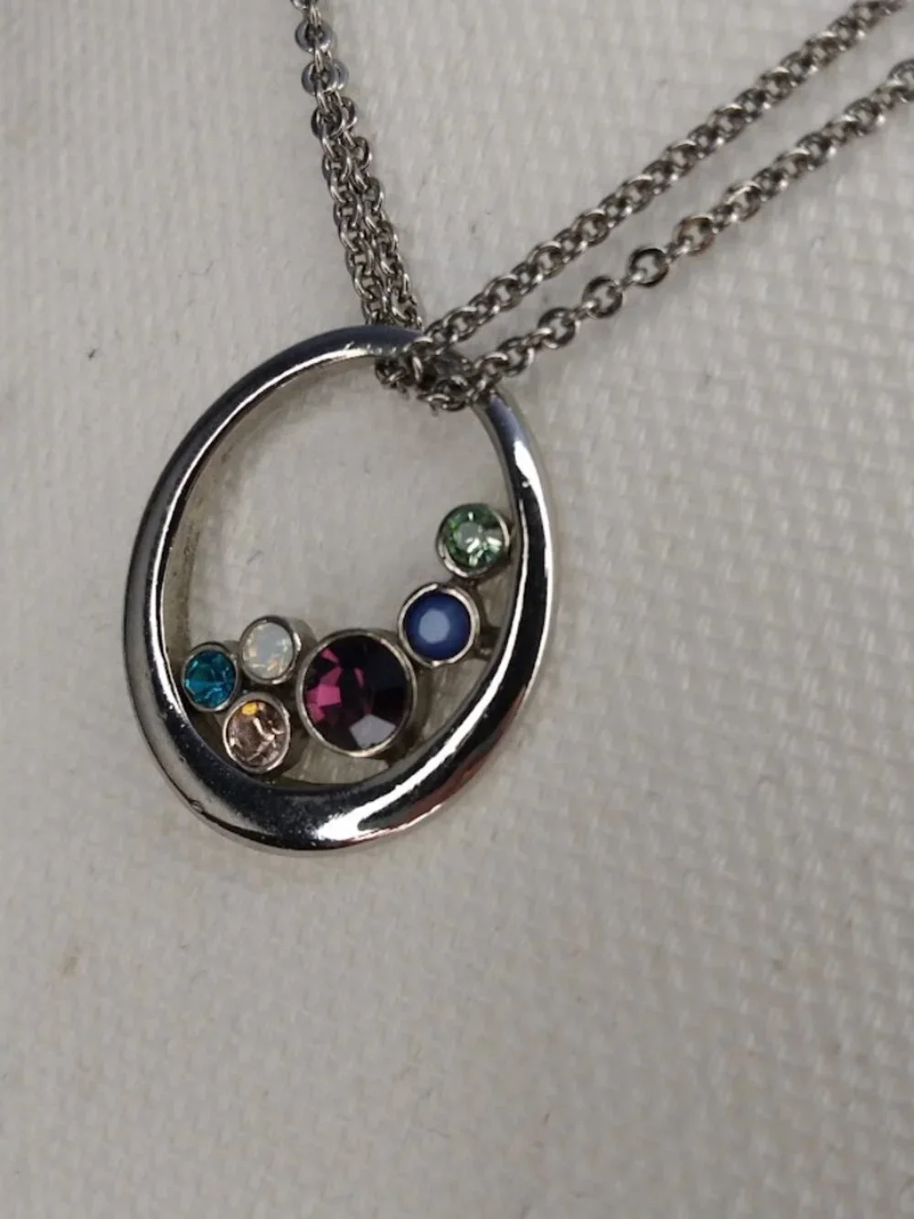 Lia Sophia Necklace Silver Tone Gemstone Circle Pendant with Multi Strand Chain